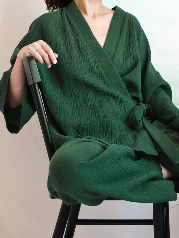 Hiloc mangas compridas calças ternos feminino pijama algodão sleepwear conjuntos de quimono das mulheres outfits casa solta terno 2022 conjuntos com calças