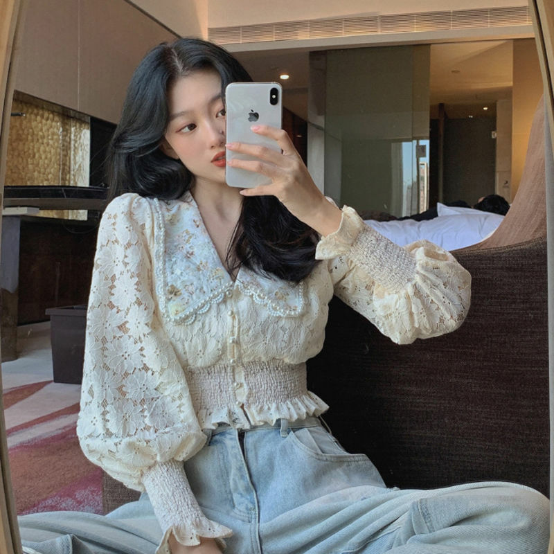 Deeptown Elegante Spitze Perle Top Floral Frau Bluse Elegante Outfits für Frauen Koreanische Stil 2022 Puff Sleeve Button Up Kleidung