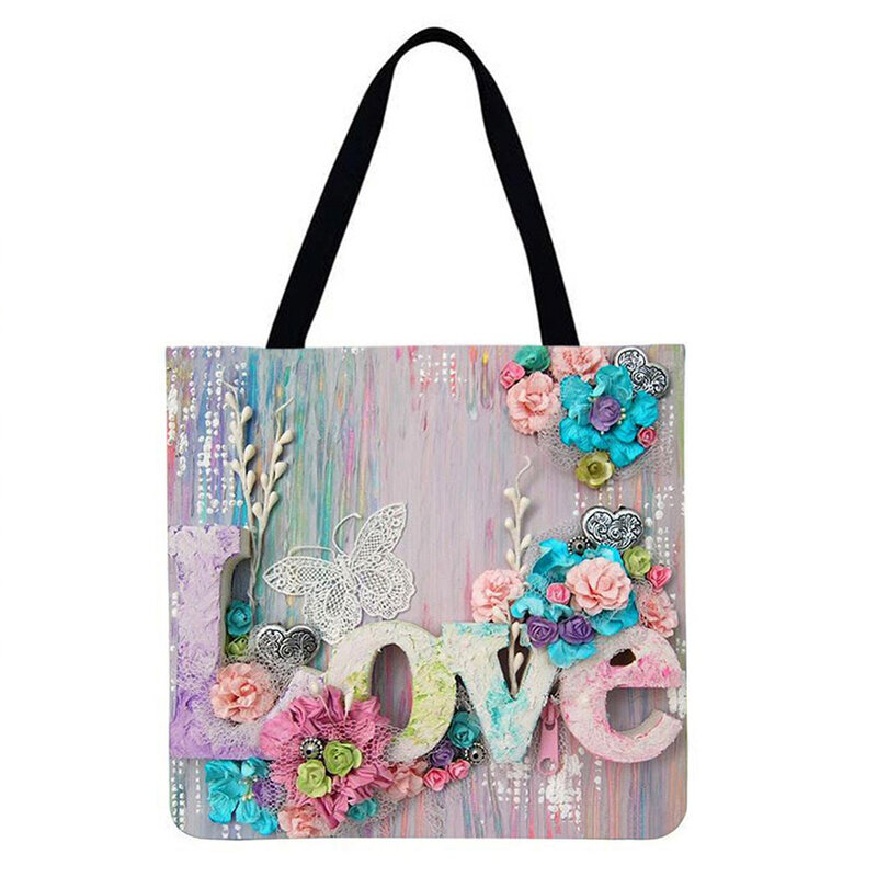 Women's Bag Fashion Love Flowers Printed Shoulder Shopper Bags 2021 New Casual Female Bag Large Capacity Linen Tote  Handbags
