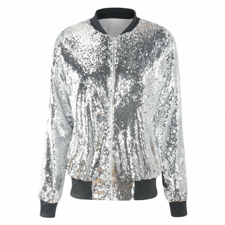 แฟชั่นผู้หญิงเสื้อแจ็คเก็ตแขนยาว Zipper Streetwear ลำลองหลวม Glitter Outerwear หญิง2020เสื้อฤดูใบไม้ผลิ