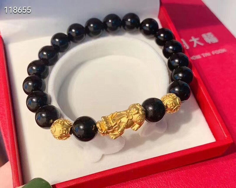 24k ouro puro a antiga besta pulseiras 999 ouro mulher jóias transporte grânulo obsidian frisado pulseira shenzhen cn (origem)