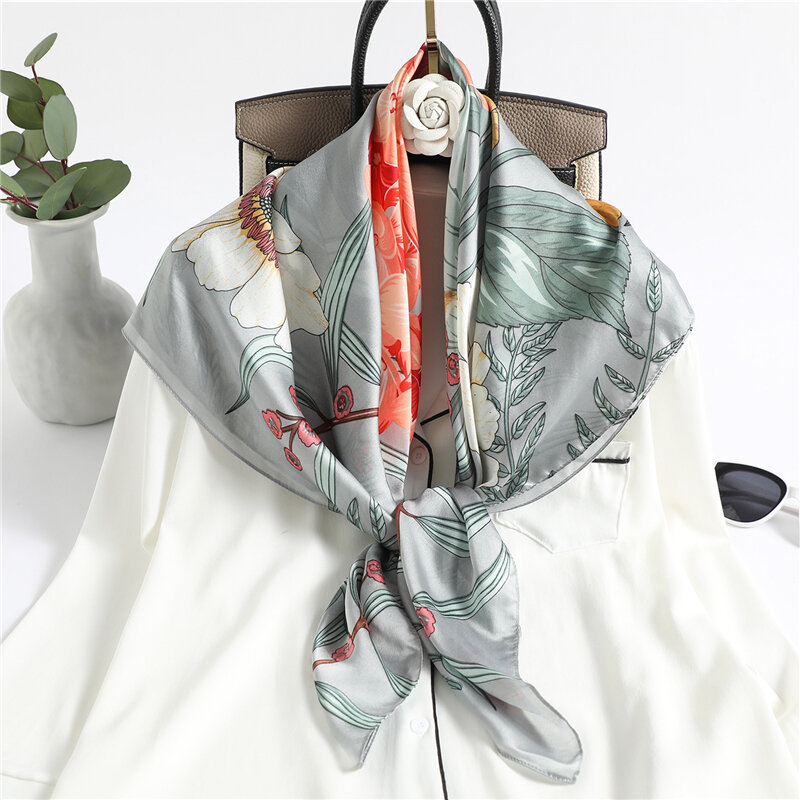 Impressão floral cetim seda lenço quadrado hijab feminino bandana bandana neckerchief 2021 novo silenciador xale saco envoltório foulard 90cm