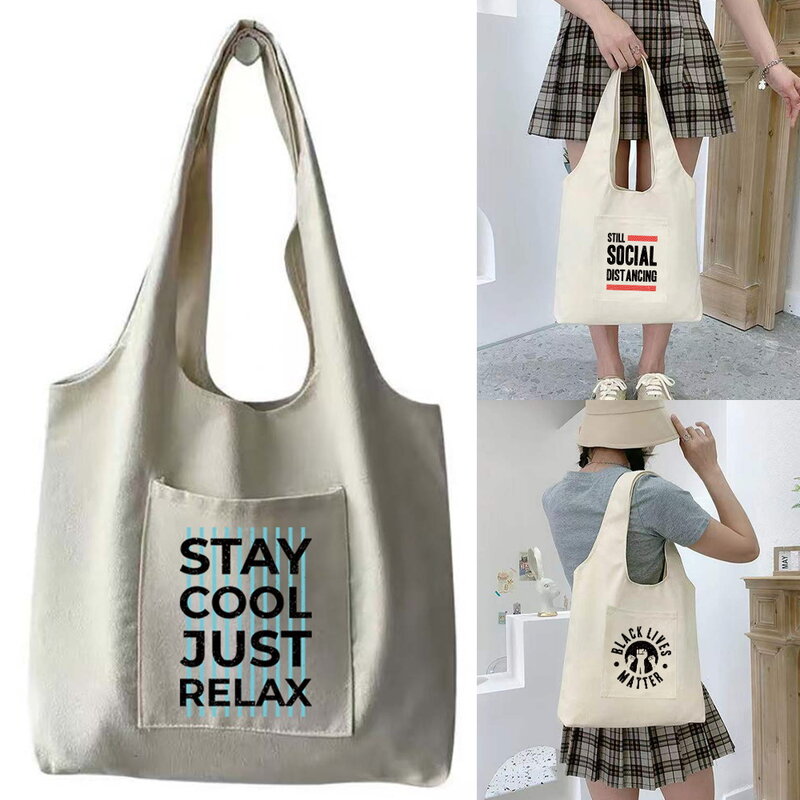 Ladies Fashion Canvas Bag Harajuku Print Pocket Travel Washable Sundries Storage Bag Large Portable Crossbody Shoulder Bags