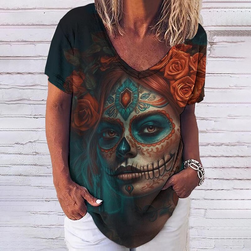 Summer 2022 New 3D Horror Skull Print Women's V-neck Top Short Sleeve T-shirt Casual Funny Harajuku Versatile Y2K Clothing S-5XL