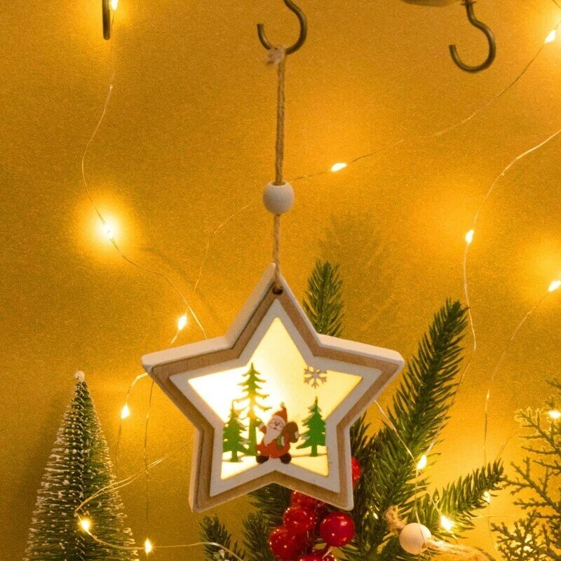 LED 바람 램프 크리스마스 트리 모양 밤 램프 로프와 작은 오각형 랜턴 크리스마스 트리 펜던트 장식 공예