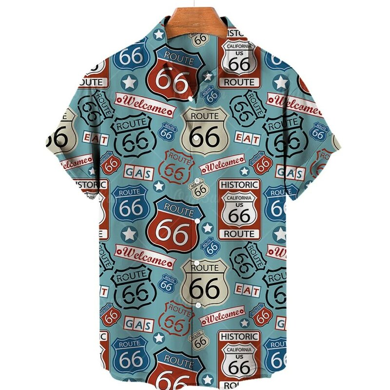 Kaus Pria 2022 Kaus Hawaii Kaus Longgar Bersirkulasi Musim Panas Gambar Cetak 3d Rute 66 Pria untuk Pria Kaus Retro Lengan Pendek Retro