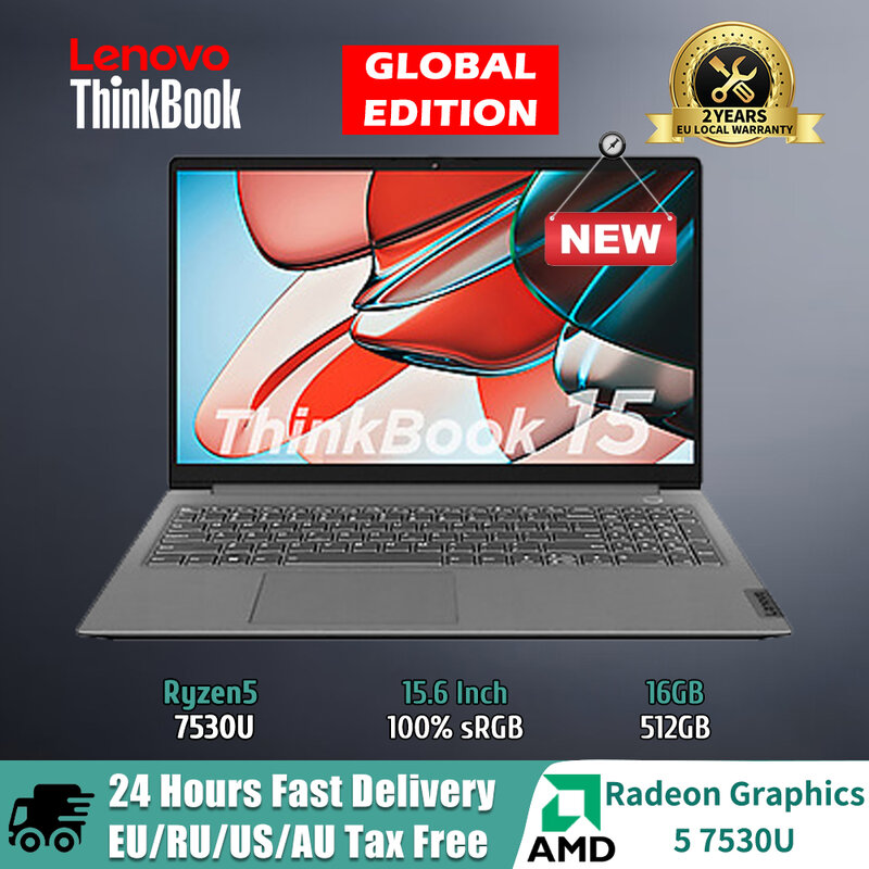 Lenovo ThinkBook 15 Laptop Ryzen AMD5 7530U Processador 16GB DDR4/512GB SSD Core Placa gráfica de 15,6 polegadas Win11 Notebook Novo