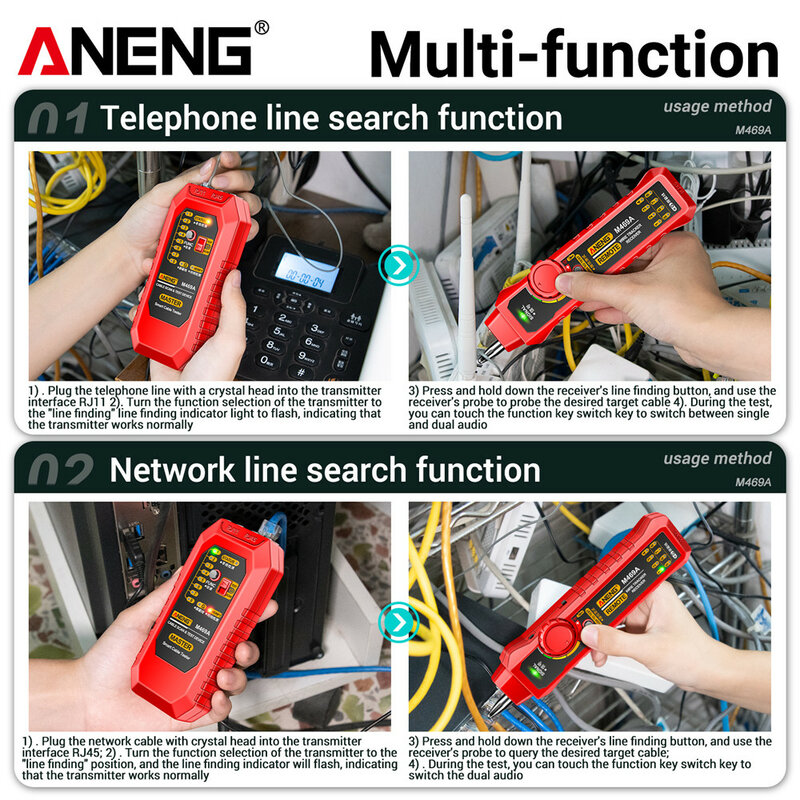 ANENG M469A Smart Network Cable Tester RJ45 RJ11 LAN Cable Tester Finder Wire Tracker Receiver Networking Tool Network Repair