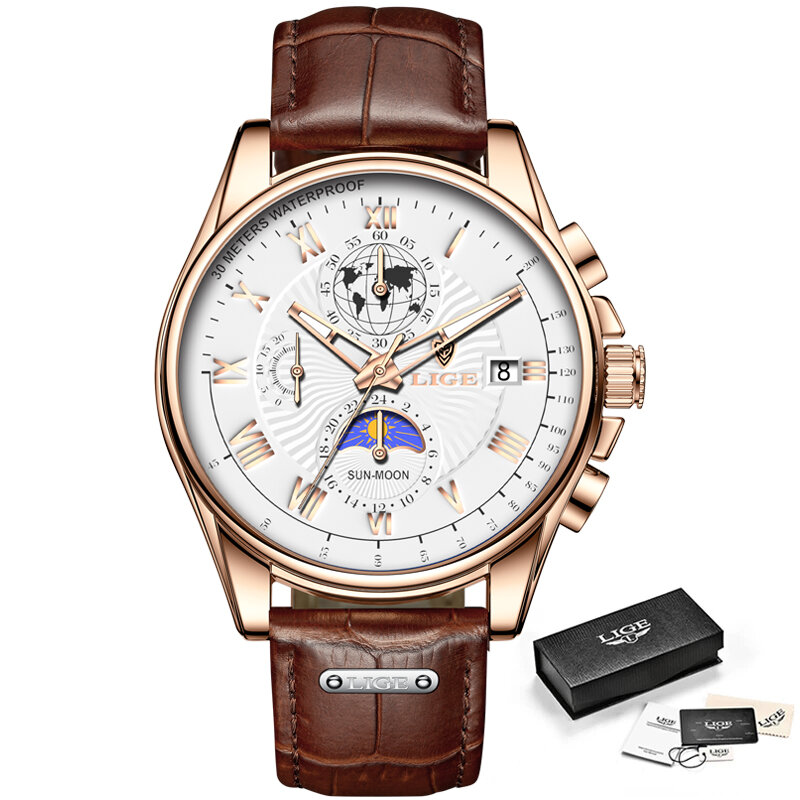 LIGE นาฬิกาผู้ชาย2022ใหม่แฟชั่นหนังกันน้ำ Top ยี่ห้อ Luxury Mens นาฬิกาข้อมือควอตซ์ผู้ชาย Relogio Masculino + กล่อง