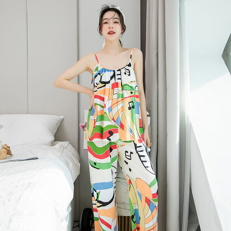 2 stücke Frauen Viskose Pyjamas Sets neue Sommer Nachtwäsche für Frauen schöne Haus Frühling Hosenträger Anzüge Female Mode Lounge wear