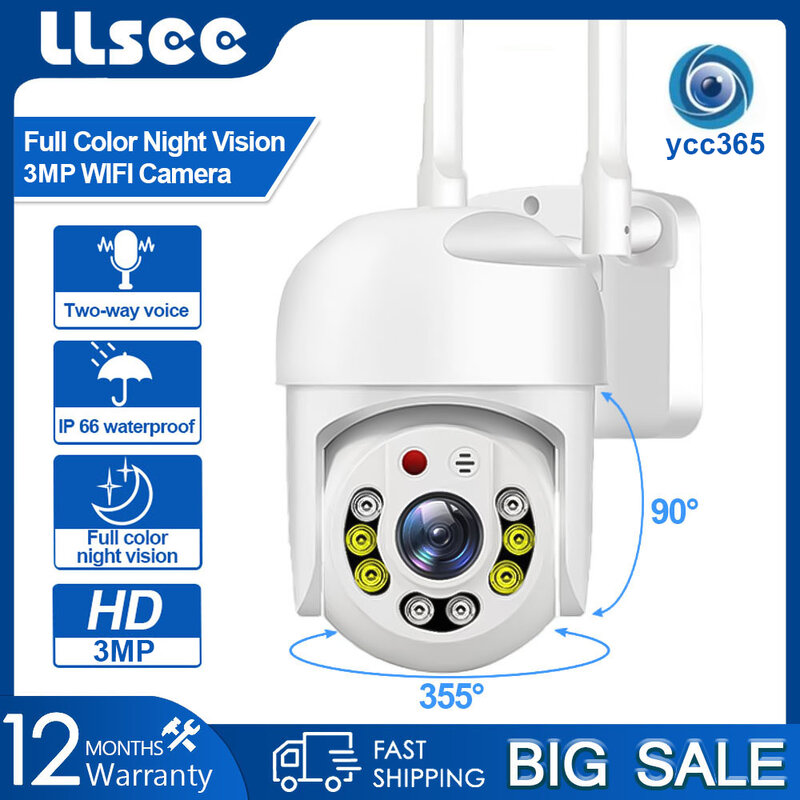 LLSEE 3mp, telecamera di sorveglianza wifi wireless esterna, ingrandimento 4X per visione notturna, sicurezza e impermeabilità, telecamera ip