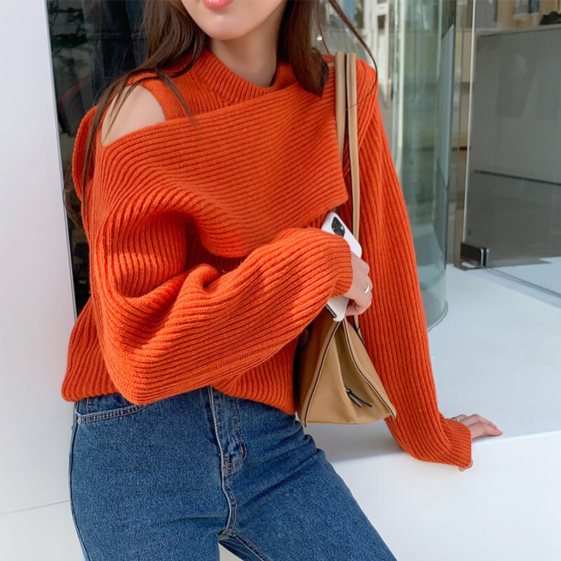 Vestuário feminino tricô camisola em torno do pescoço irregular retalhos mangas compridas casual coreano moda baggy senhoras topos outono