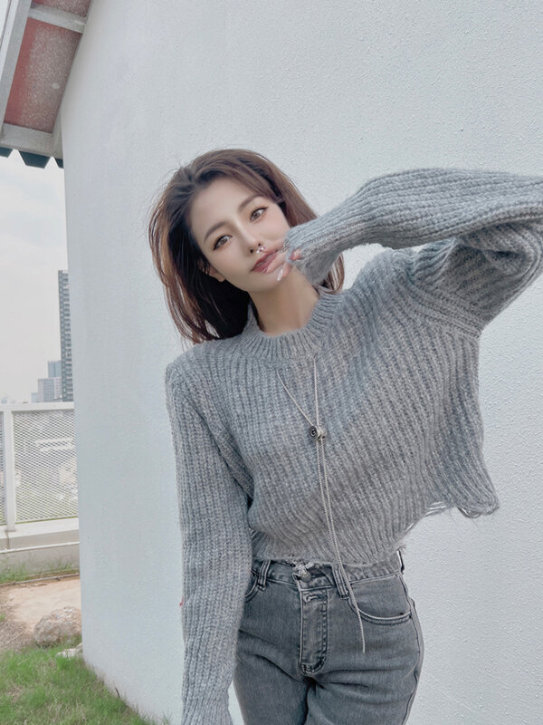 2022 toda a temporada nova versão coreana solta manga longa camisola de malha feminina pequenos acessórios moda versátil em torno do pescoço topo