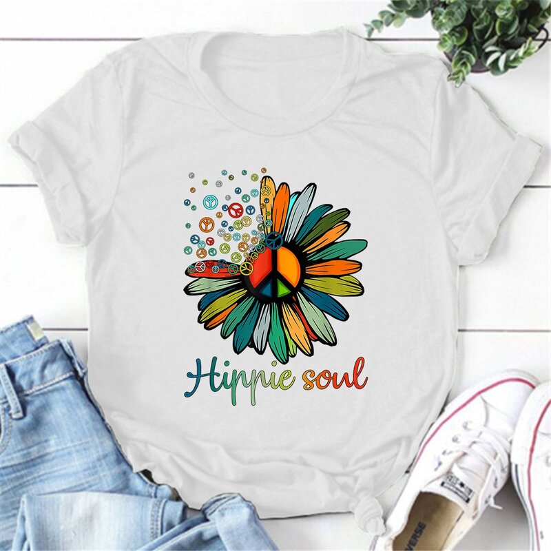 น่ารัก Hippie Soul พิมพ์เสื้อยืดผู้หญิงแขนสั้นตลกรอบคอ Tee เสื้อลำลองเสื้อฤดูร้อน