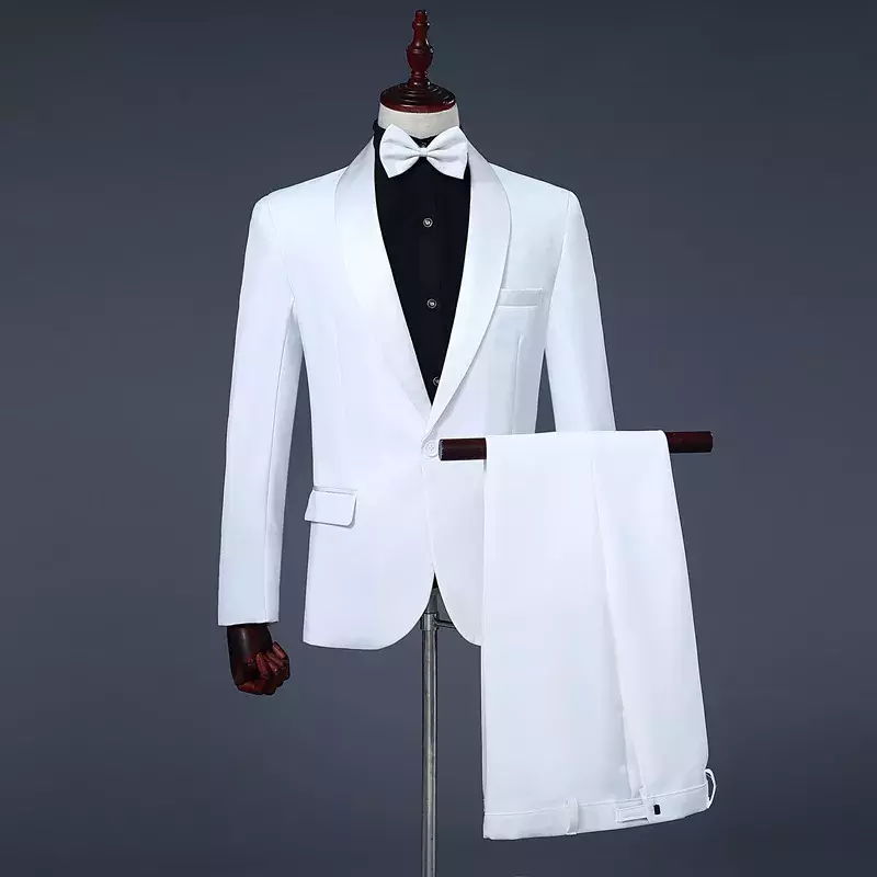 Primavera ternos dos homens 2019 vestido de manga longa dos homens casual desempenho estágio branco preto terno formal roupas duas peças conjunto casaco calças