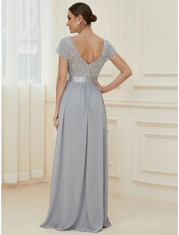 A-Line Bridesmaid Dress V Neck Short Sleeve Elegant Floor Length Chiffon with Solid Color Sparkle Shine vestido de noiva