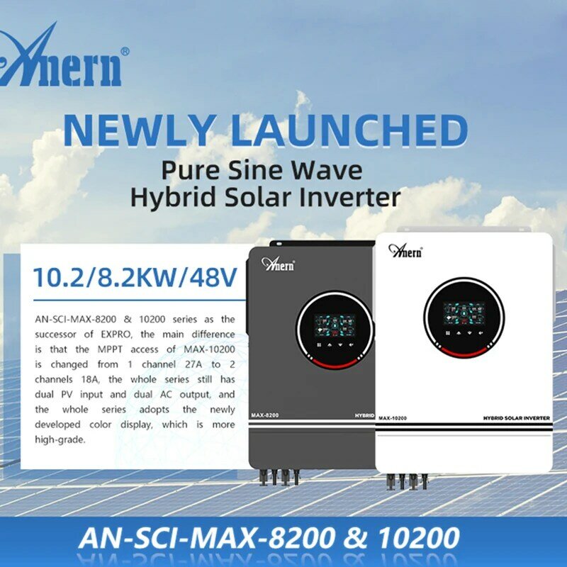 태양광 하이브리드 인버터 8.2KW 10.2KW 8200W 10200W On/Off 그리드 DC48V AC230V 내장 160A 충전 컨트롤러 듀얼 PV 최대 500V 입력