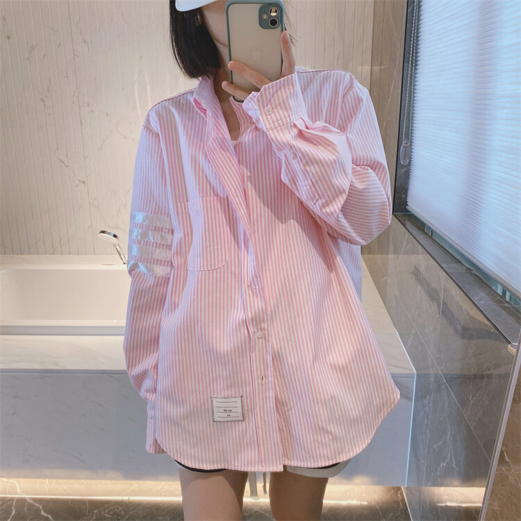 Camiseta de manga larga a rayas verticales rosas para verano, chaqueta informal holgada que combina con todo, 2022