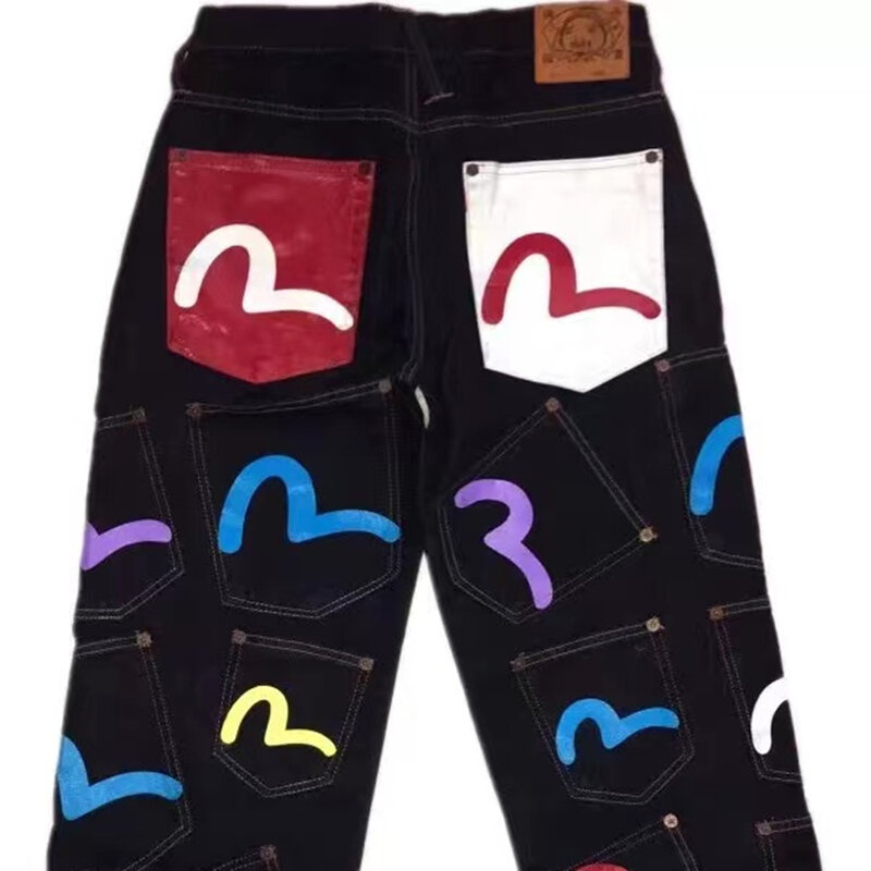 2022 kilka kieszeni dżinsy Japan Style Retro Y2k moda męska drukowanie dżinsy proste nogawki dżinsy modne spodnie