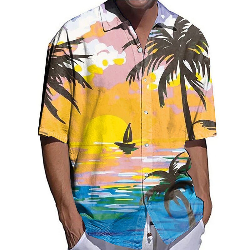 Chemises élégantes pour hommes, surdimensionnées, décontractées, imprimé forêt, demi-manches, hauts pour hommes, vêtements hawaïens, Cardigan de vacances haut de gamme