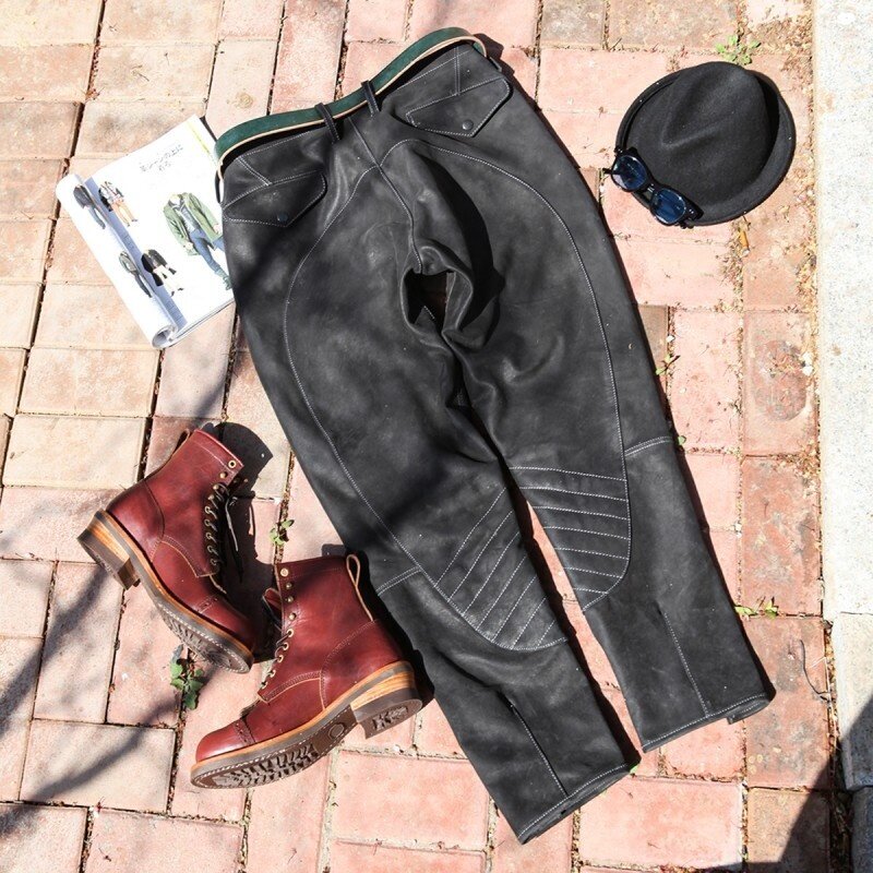 Primavera outono de couro real homens motociclista sólido punk designer calças preto equitação streetwear multi-bolso S-2XL calças de carga