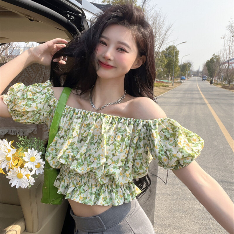Green Flower One-shoulder Puff Sleeve Floral Shirt Women's 2022 Spring New Ruffled Shirt Short-sleeved Sweet and Spicy Top Folds