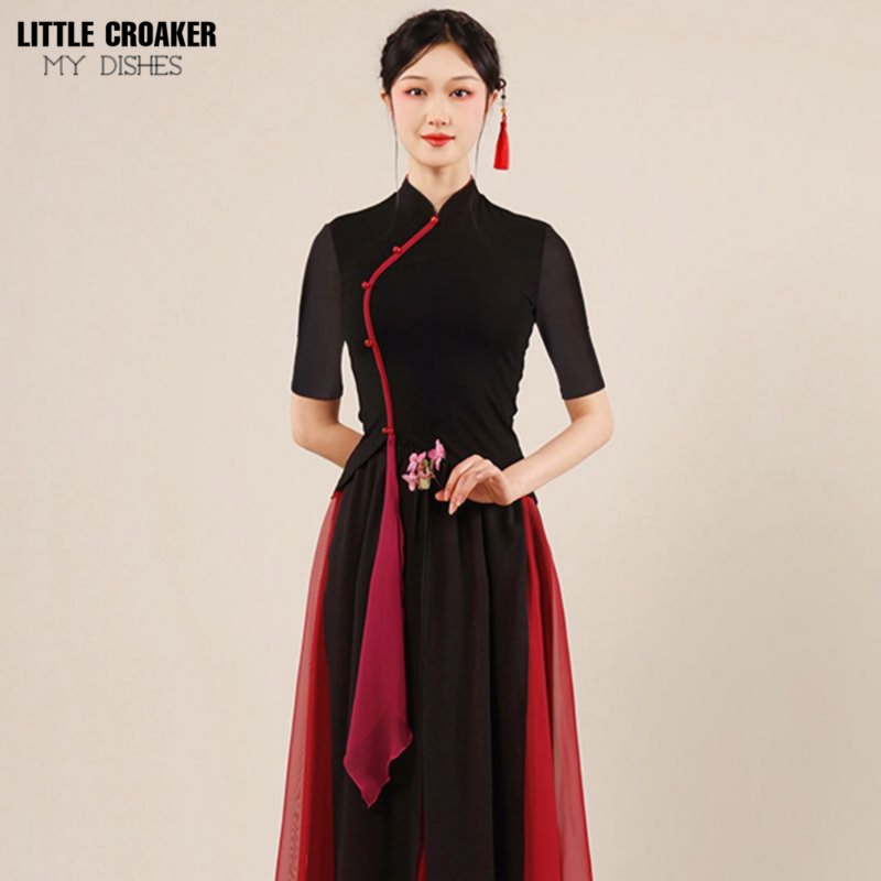Vestido de baile clásico para mujer, traje de baile Cheongsam de estilo chino, traje de escenario moderno negro, nuevo