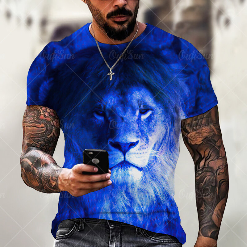 メンズ半袖Tシャツ,ラウンドネック,ライオンの動物デザイン,カジュアルで特大,ファッショナブル,3Dプリント,2022