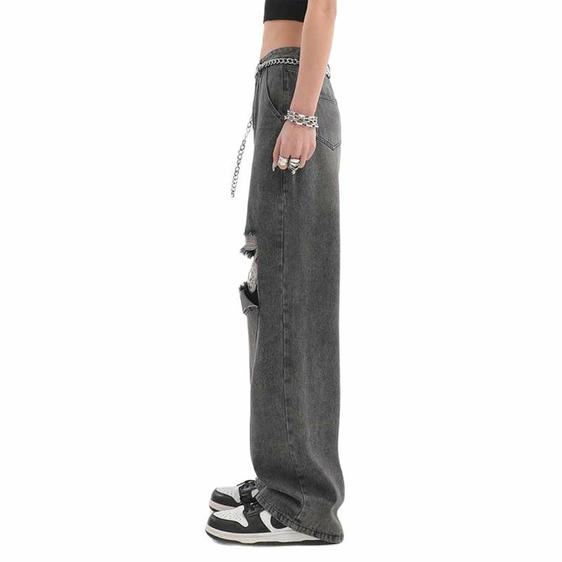 Pantalones vaqueros holgados de cintura alta para mujer, ropa de calle informal, con agujeros lavados