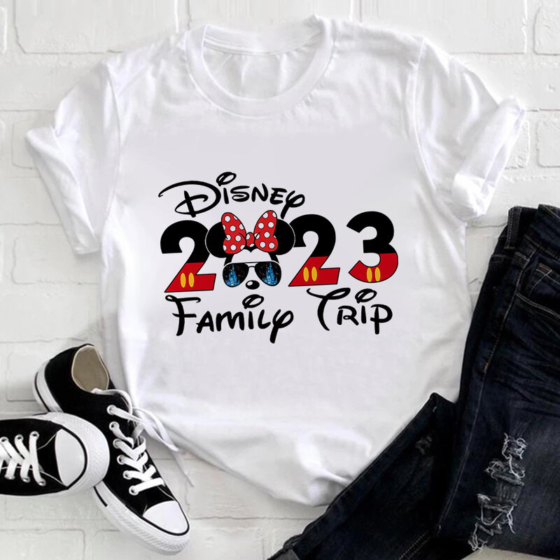 Camiseta feminina viagem em família Disney, roupas de mickey mouse, férias disneyland, moda casual, verão, entrega rápida, 2023