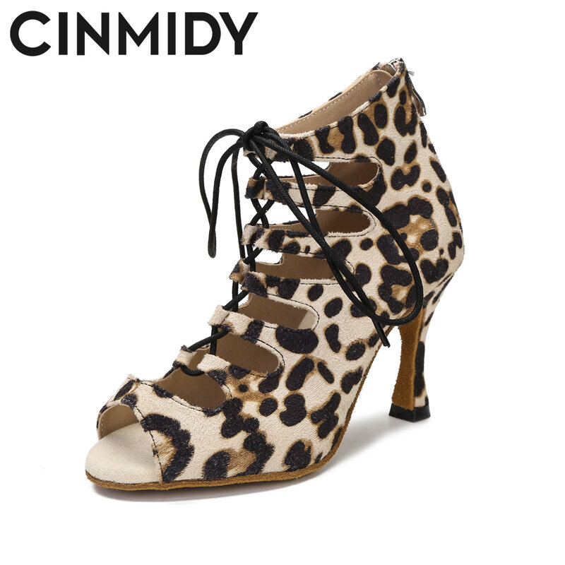 CINMIDY-Botas de baile con estampado de leopardo para mujer, zapatos de baile de salón, zapatos de baile latino, botas de Pole Dance, zapatos de fiesta