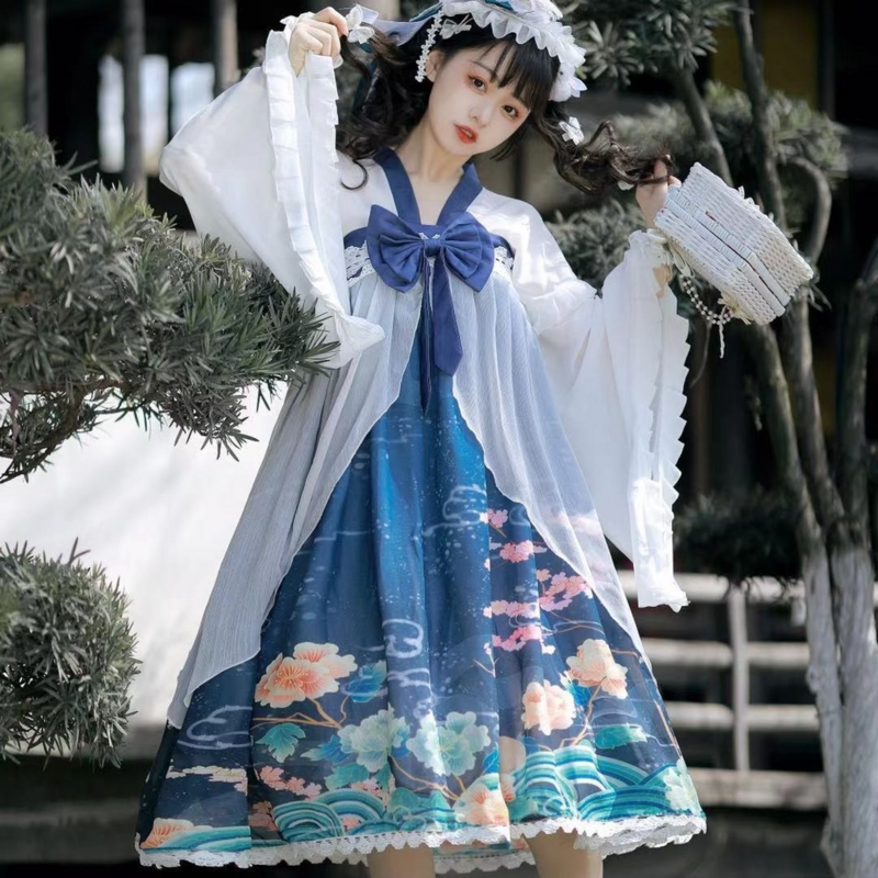 Hanfu ชุดเดรสผู้หญิงยาวถึงหน้าอกพิมพ์ลายทุกวันสไตล์โลลิต้าขนมหวานญี่ปุ่นฤดูร้อนฤดูใบไม้ผล...