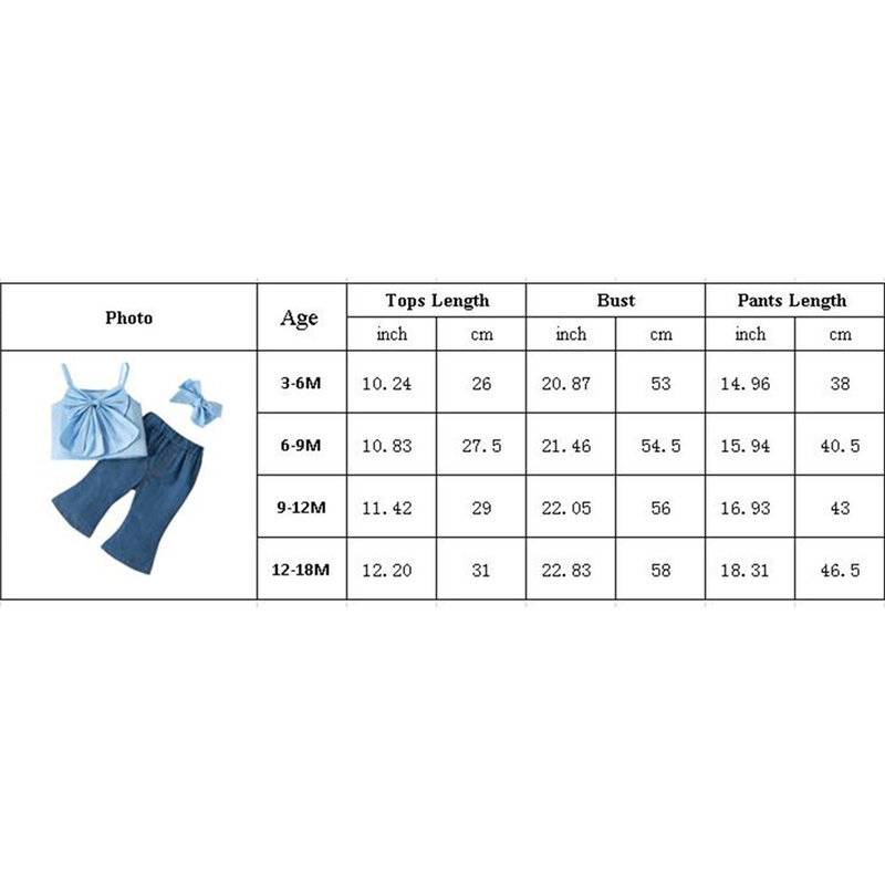 Baby Girls 3-Pcs Clothes Sets Toddler Kids Sleeveless Front Bowknot Tank Top + Bell-Bottom Trousers Jeans Denim Pants + Headband
