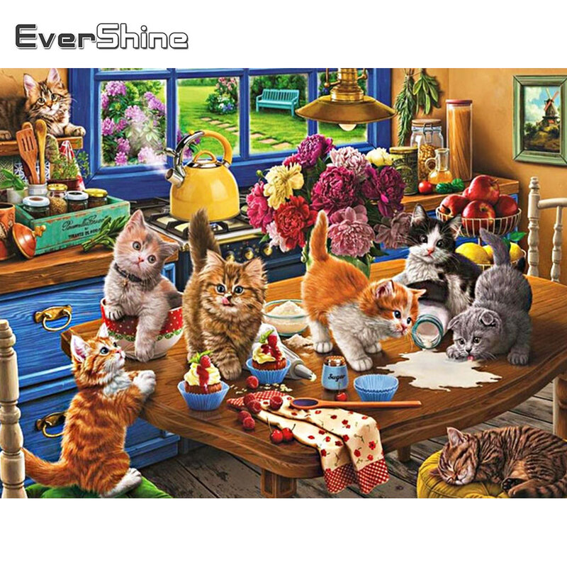 Evershine 5D DIY เพชรเย็บปักถักร้อยแมว Rhinestone ภาพเพชรภาพวาดสัตว์ Cross Stitch Mosaic Art Home Decor