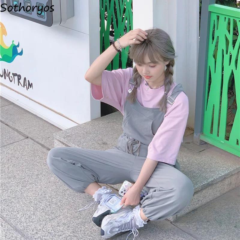Sets Women Fashion Full Length Solid Overalls T-shirts Summer Preppy Style Causal All-match Daily College Korean Soft Outfits