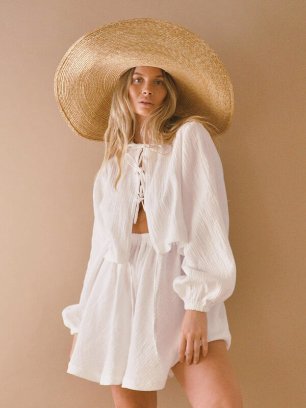 Hiloc – pyjama blanc à manches lanternes pour femmes, ensemble Sexy en coton laçage, taille haute, assorti, fente, vêtements pour la maison, 2023