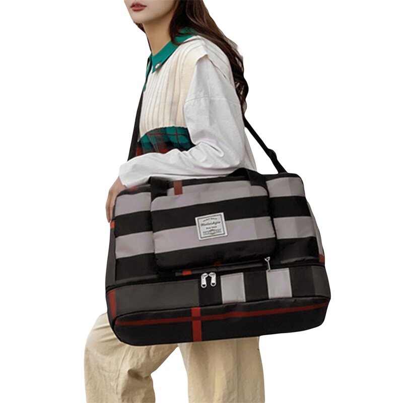 Weekend Overnight Bag Plaid Tote Foldable Wet Wet Separation Travel Duffle Bag with Separate Zipper Compartment