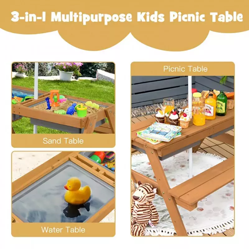 Crianças piquenique ao ar livre mesa de areia de água com guarda-chuva caixas de jogo adequado para pátio gramado quintal e sala de crianças