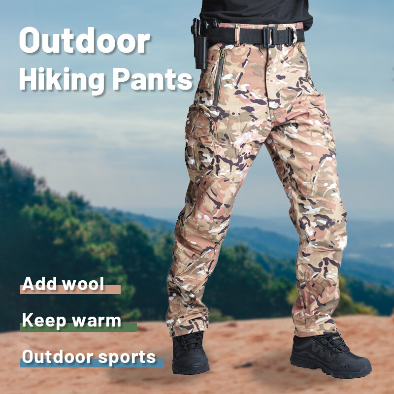 방수 남자 위장 하이킹 전술 바지, 두꺼운 겨울 소프트쉘 야외 스포츠 자연 캠프 카고 군사 등산 바지