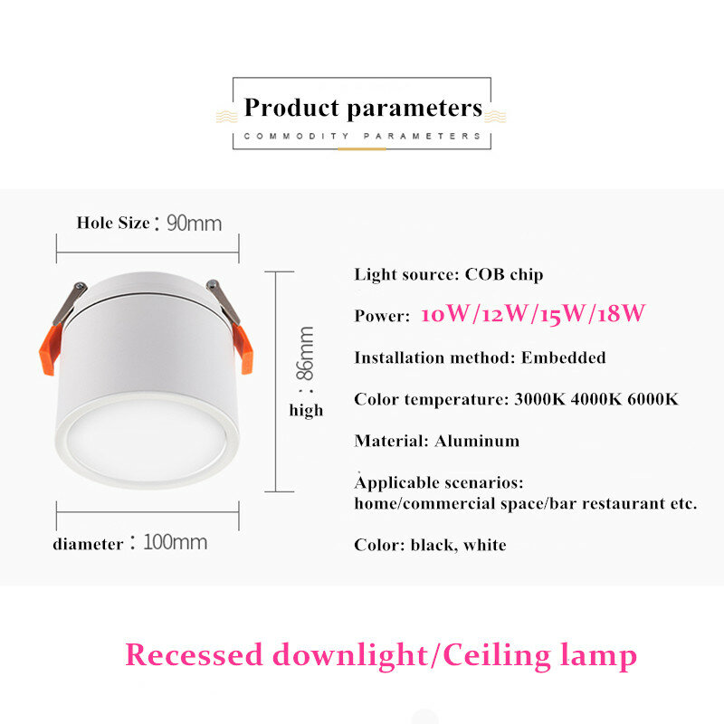 Luz descendente LED regulable de ángulo ajustable para techo, foco empotrado de fondo de TV, 10W, 12W, 15W, 18W