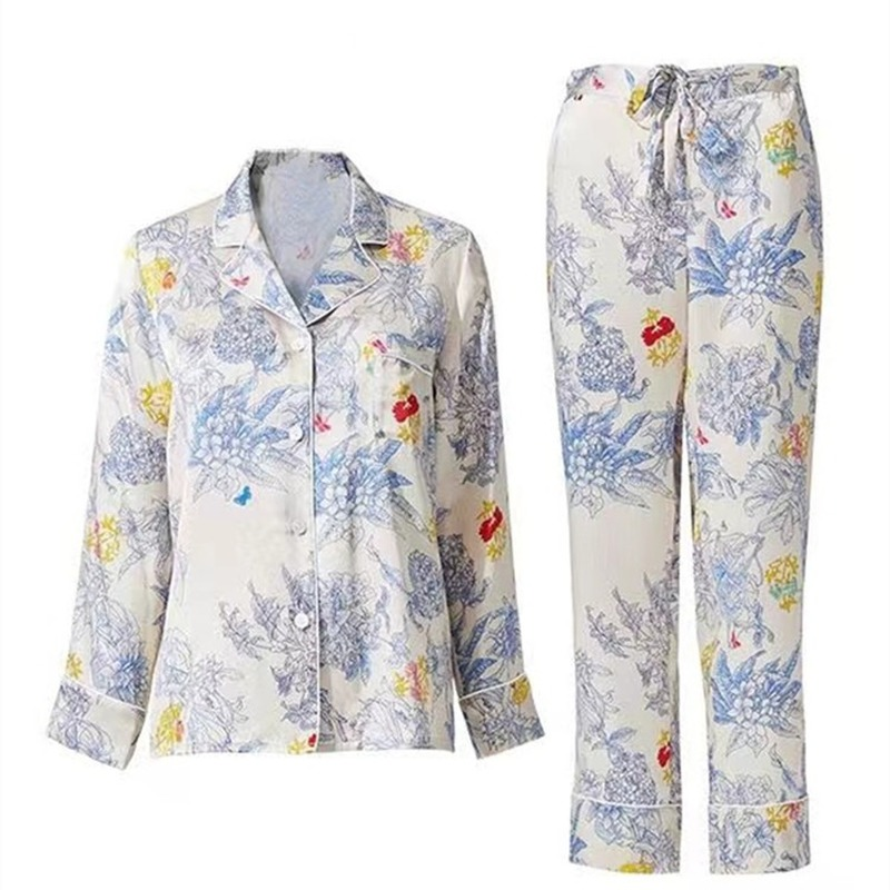 Đầu Mùa Xuân Mới Nữ Lãng Mạn Blues Monet Vườn In Hoa Loungewear Thân Thiện Với Làn Da Mềm Mịn Satin Bộ Đồ Ngủ