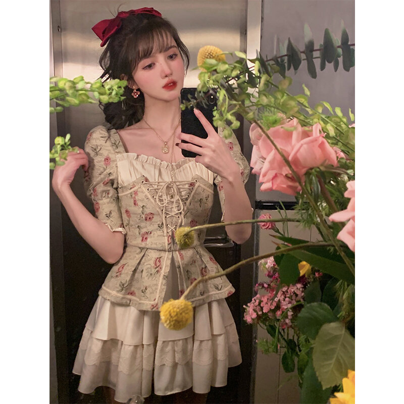 Women French Dress Lacing Rose Printing Patchwork Puff Short Sleeve Casual Fashion Vintage High Waist Short Skirt Ladies Summer