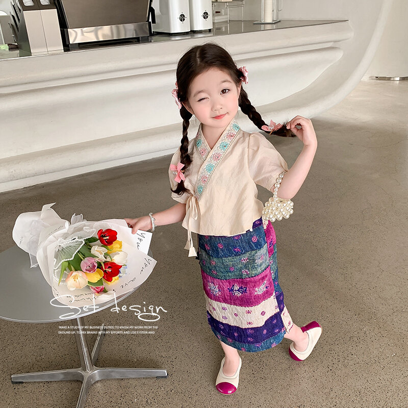 Gaun bayi perempuan, baju musim panas anak-anak gaya Cina lucu rok angin nasional bernapas kasual anak perempuan