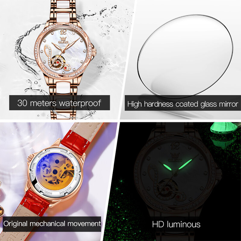 Olevs completo-automático automático relógio mecânico para mulher moda à prova dwaterproof água pulseira cerâmica feminino relógios de pulso luminosos