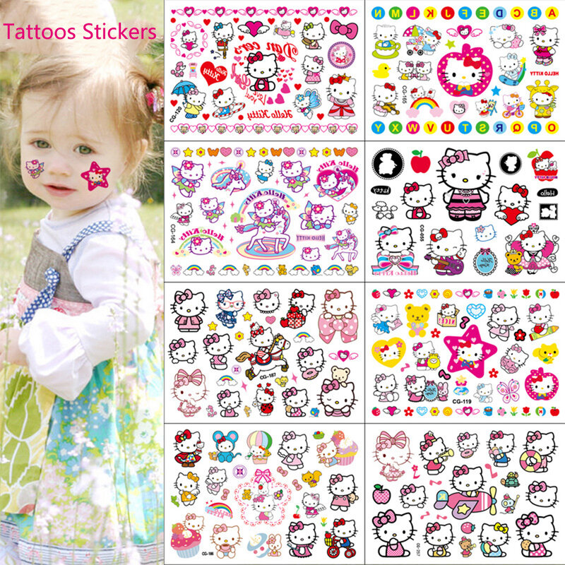 Leuke Cartoon Hello Kitty Kids Tijdelijke Nep Tattoo Sticker Speelgoed Grappig Diy Gezicht Arm Body Art Waterdichte Tatoeages Kinderen Cadeau