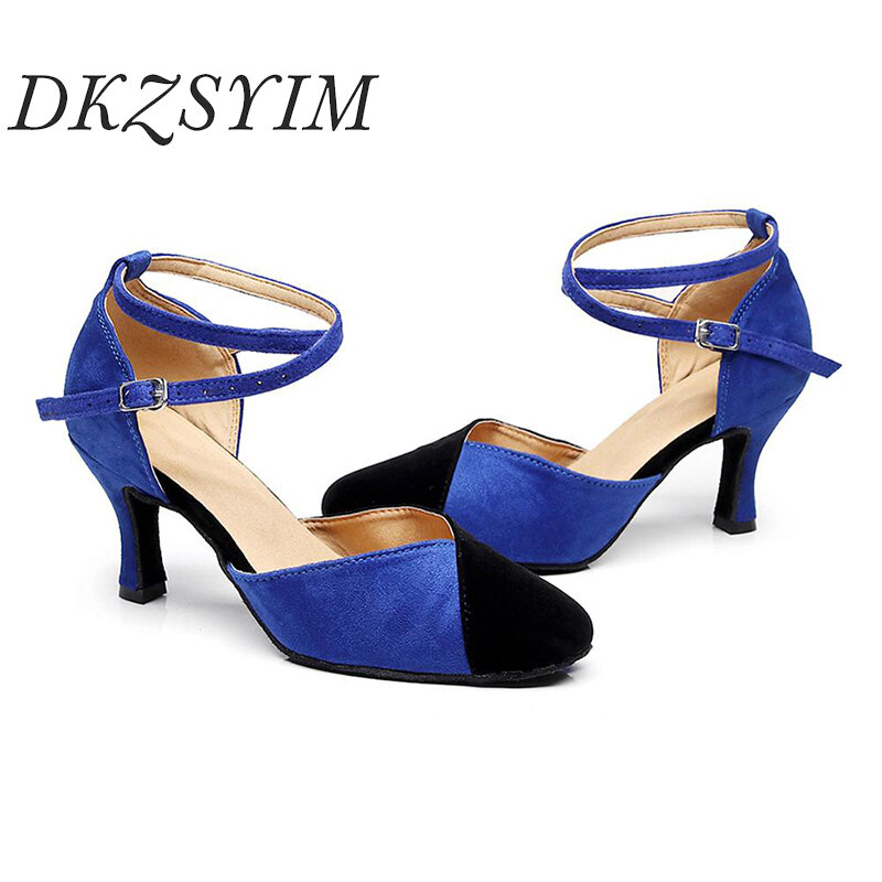 DKZSYIM Women's standard dance shoes stitching color satin high heel ladies ballroom dance shoes soft bottom modern dance shoes