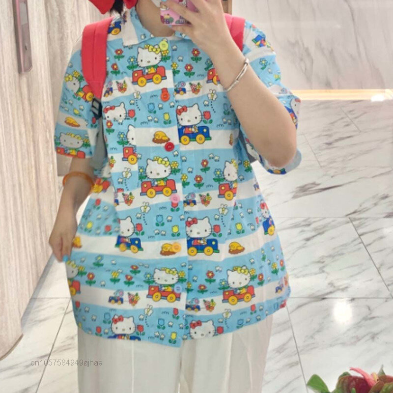 Sanrio Hello Kitty Baju Musim Panas Wanita Cetak Baju Vintage dengan Atasan Y2k Lengan Pendek Kemeja Longgar Biru Blus Fashion Wanita