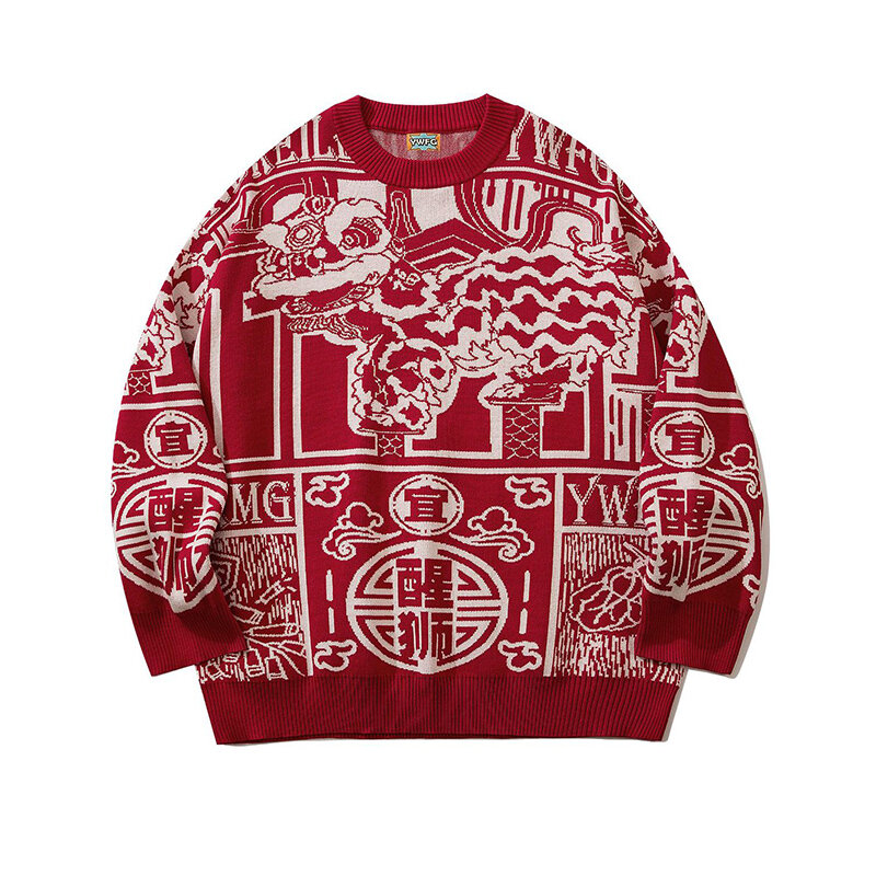 Sweater Pullover Musim Dingin Musim Gugur Pria Wanita Pasangan Pakaian Murni Katun Chinoiserie Hangat Pola Kartun Plus