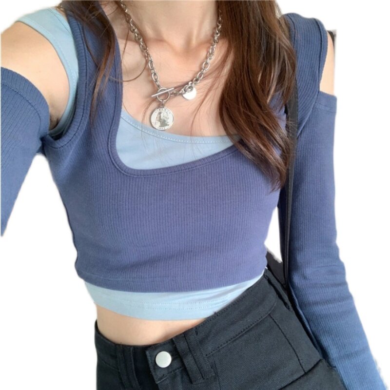 Hollow Crop Tops Women New Fitness Fake Two-piece T-shirt Female Long Sleeve Slim Casual Soft High Quality Ladies Clothing Tees