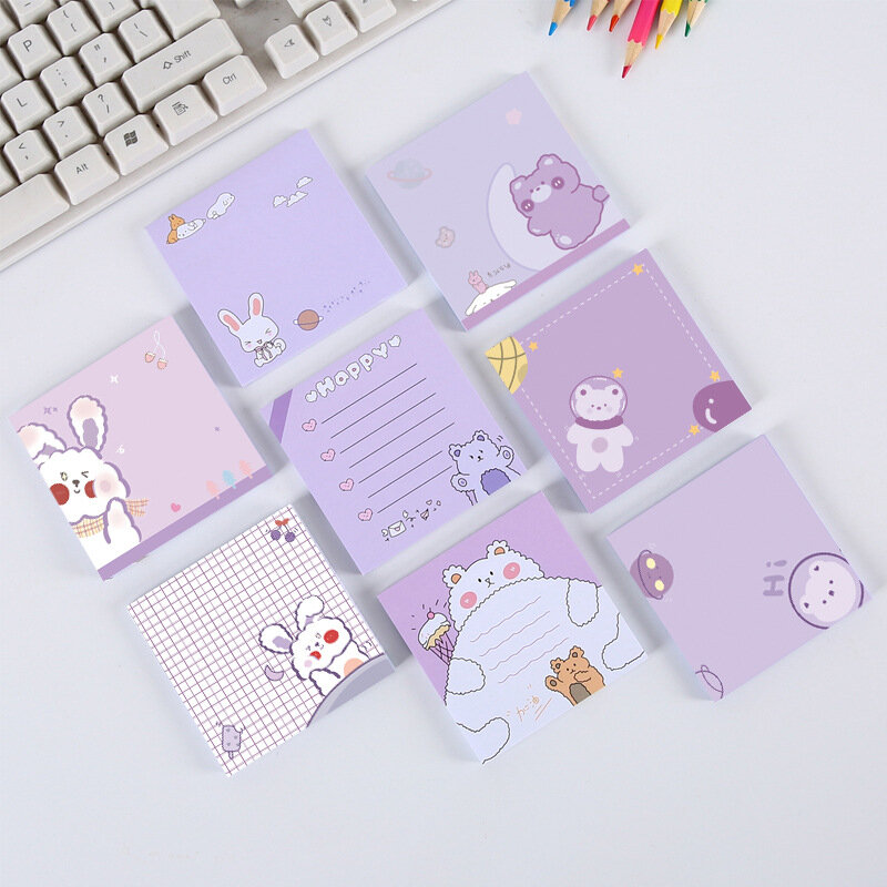 50Pace Korean Cute Girly Cartoon Purple Bear Creativity Student Guestbook Sticky Notes Kawaii Decor Memo Pads Office Stationery